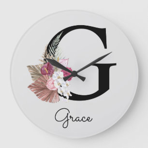 Monogram Pink Boho Girly Floral Initial G Large Clock