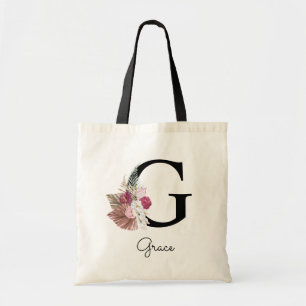 Monogram Pink Boho Girly Floral Initial G Tote Bag