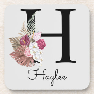 Monogram Pink Boho Girly Floral Initial H Coaster