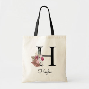 Monogram Pink Boho Girly Floral Initial H Tote Bag
