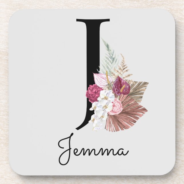 Monogram Pink Boho Girly Floral Initial J Coaster (Front)