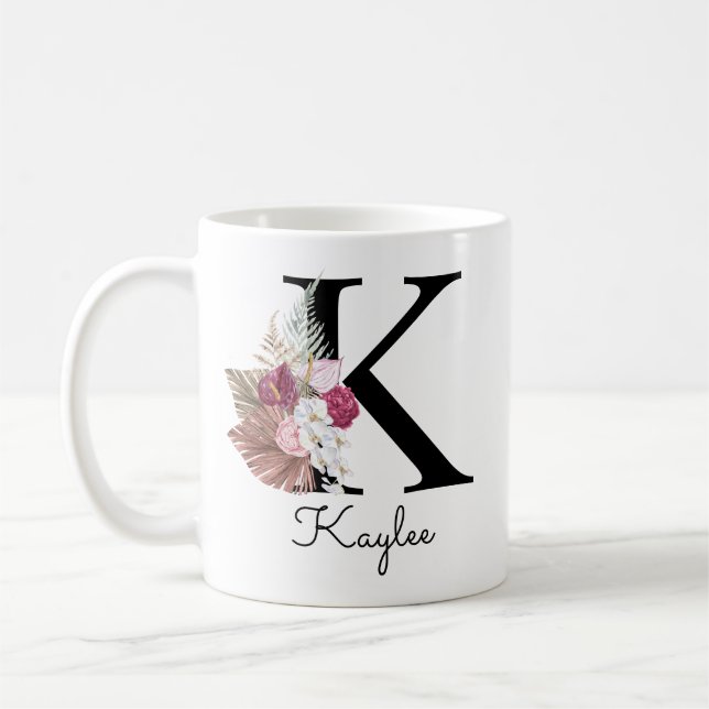 Monogram Pink Boho Girly Floral Initial K Coffee Mug (Left)