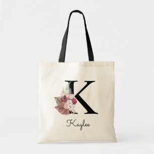 Monogram Pink Boho Girly Floral Initial K Tote Bag