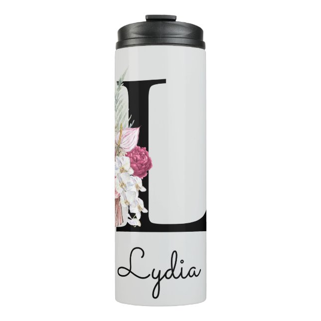 Monogram Pink Boho Girly Floral Initial L Thermal Tumbler (Front)