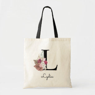 Monogram Pink Boho Girly Floral Initial L Tote Bag