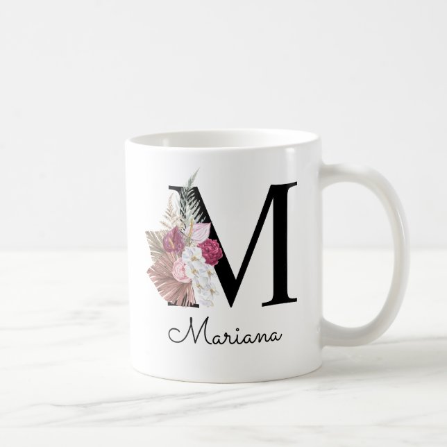 Monogram Pink Boho Girly Floral Initial M Coffee Mug (Right)