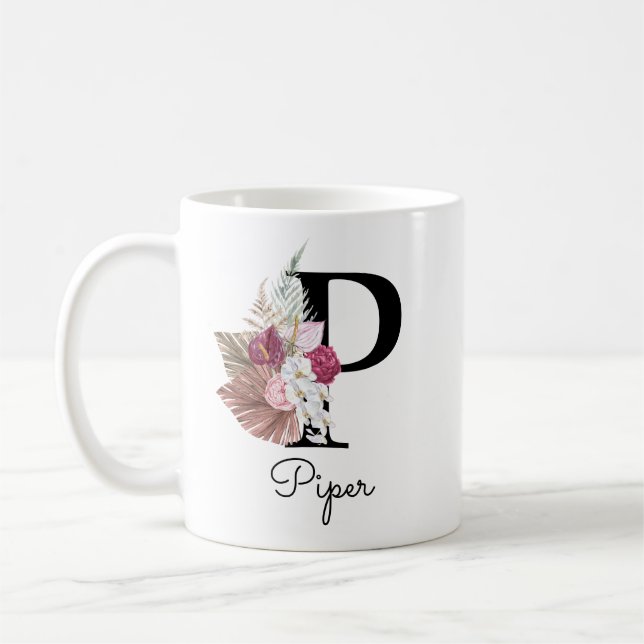 Monogram Pink Boho Girly Floral Initial P Coffee Mug (Left)