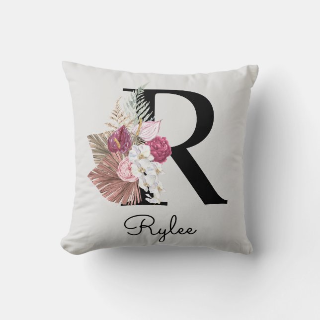 Monogram Pink Boho Girly Floral Initial R Cushion (Front)