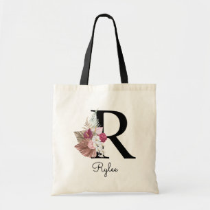 Monogram Pink Boho Girly Floral Initial R Tote Bag