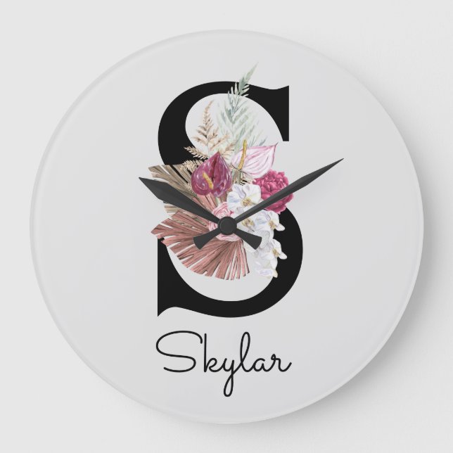 Monogram Pink Boho Girly Floral Initial S Large Clock (Front)