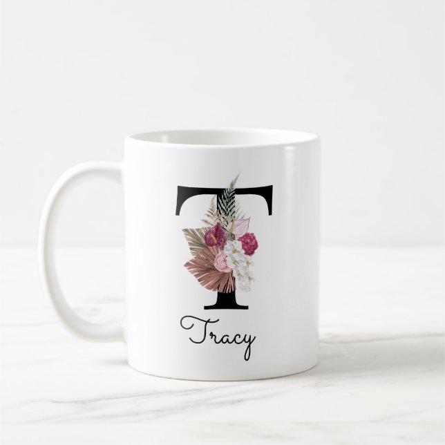 Monogram Pink Boho Girly Floral Initial T Coffee Mug (Left)