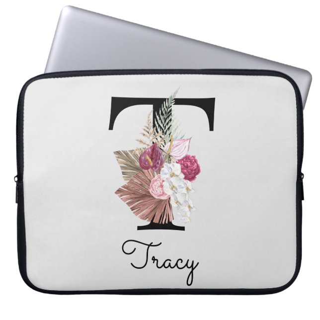 Monogram Pink Boho Girly Floral Initial T Laptop Sleeve (Front)