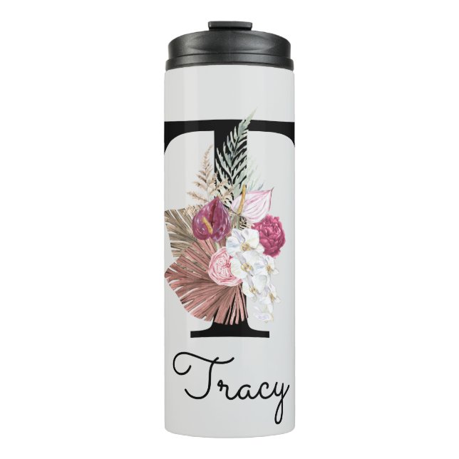 Monogram Pink Boho Girly Floral Initial T Thermal Tumbler (Front)