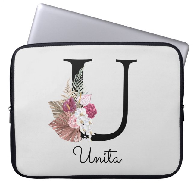 Monogram Pink Boho Girly Floral Initial U Laptop Sleeve (Front)
