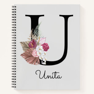 Monogram Pink Boho Girly Floral Initial U Notebook