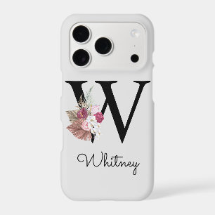 Monogram Pink Boho Girly Floral Initial W