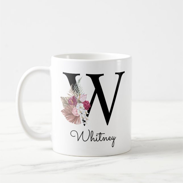 Monogram Pink Boho Girly Floral Initial W Coffee M Mug (Left)