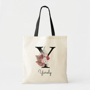 Monogram Pink Boho Girly Floral Initial Y Tote Bag