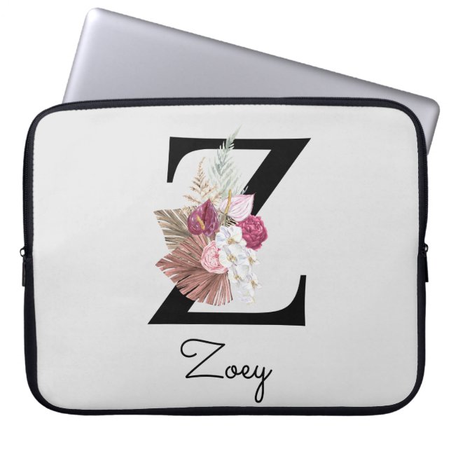 Monogram Pink Boho Girly Floral Initial Z Laptop Sleeve (Front)