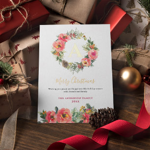 Monogram Pink Botanical Wreath Christmas Foil Card