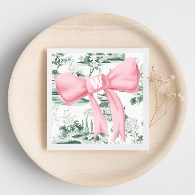 Monogram Pink Bow Chinoiserie Preppy Napkin (Creator Uploaded)