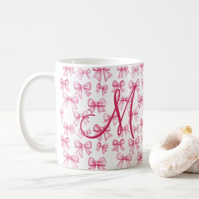 Monogram Pink Bow Coquette Aesthetic Preppy Trendy Coffee Mug (With Donut)