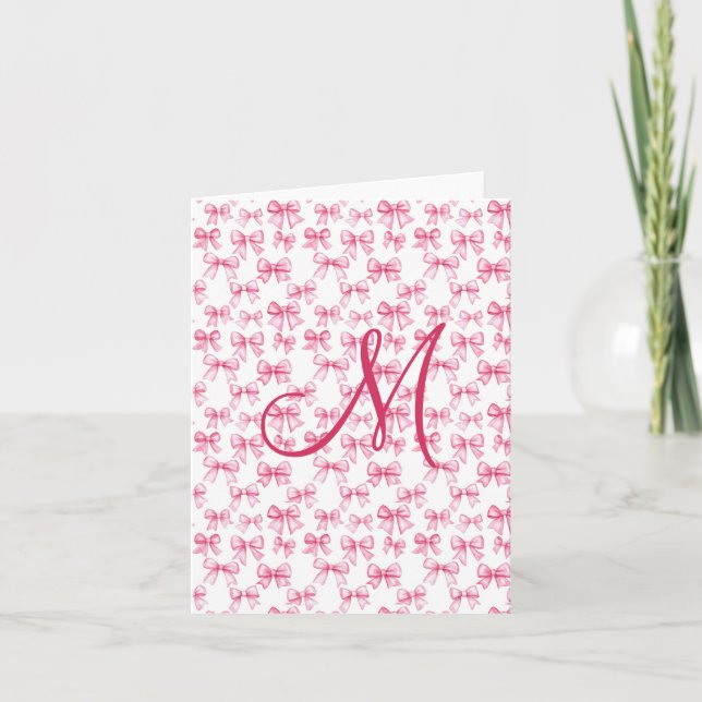 Monogram Pink Bow Coquette Aesthetic Stationery Note Card (Front)