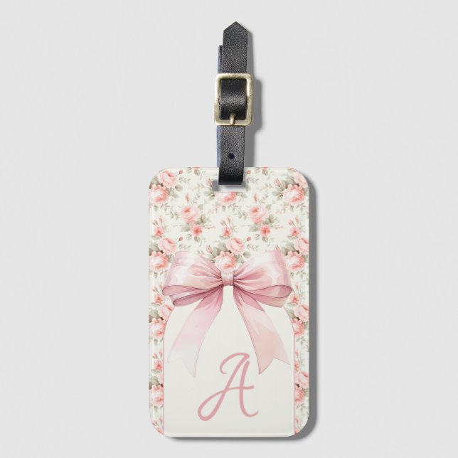 Monogram Pink Bow Coquette Luggage Tag (Front Vertical)