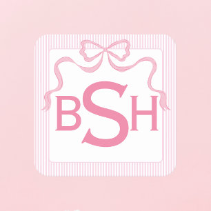 Monogram Pink Bow, Custom Ribbon Square Paper Coaster
