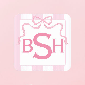 Monogram Pink Bow, Custom Ribbon Square Paper Coaster