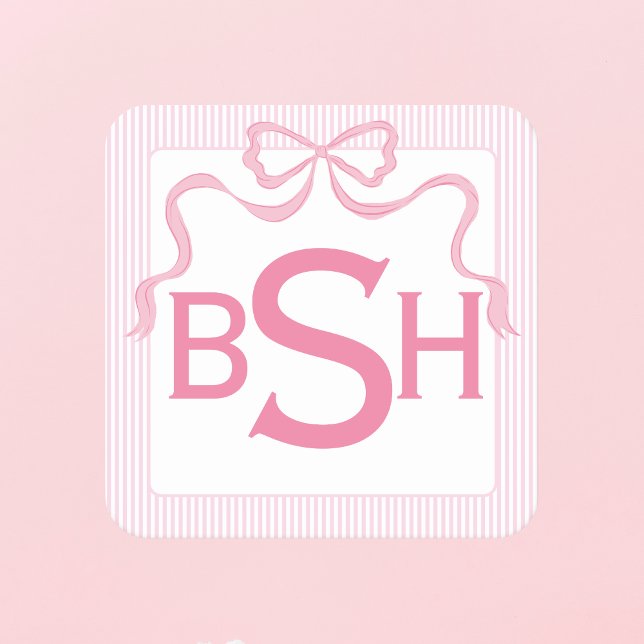 Monogram Pink Bow, Custom Ribbon Square Paper Coaster (Creator Uploaded)