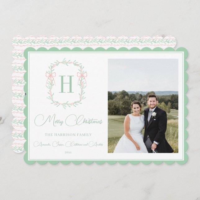 Monogram Pink Bow Greenery Christmas Photo Holiday Card (Front/Back)