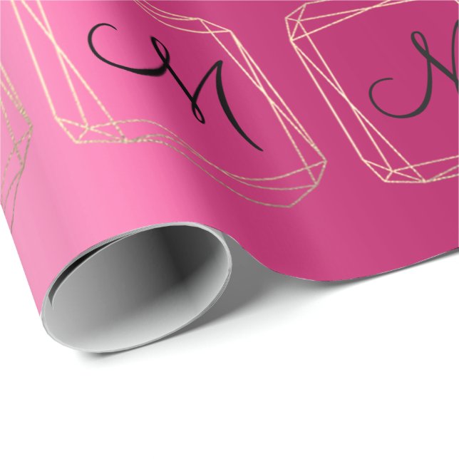 Monogram Pink Bridal Wedding Gold Diamond Frame Wrapping Paper (Roll Corner)