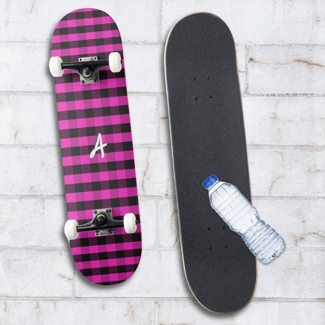 Monogram Pink Buffalo Plaid Rustic Check Patterned Skateboard (A monogrammed skateboard in bright pink buffalo check for a bold and fun look)