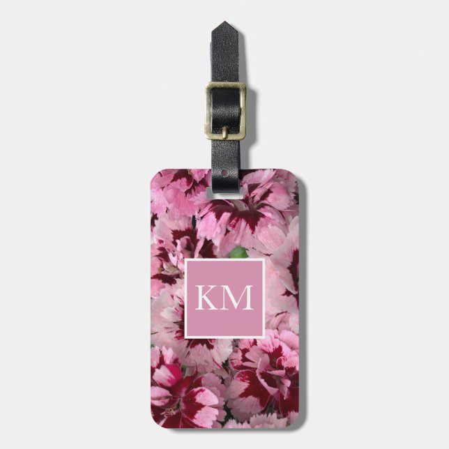 Monogram Pink Carnation January Birthday Flower Luggage Tag (Front Vertical)