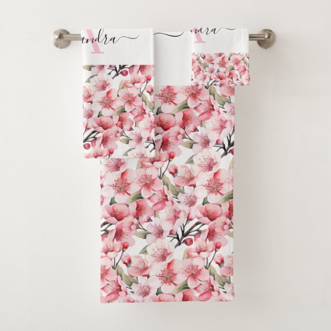 Monogram Pink Cherry Blossoms Towel Set (Insitu)