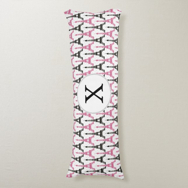Monogram Pink Chic Eiffel Tower Pattern Body Cushion (Front Vertical)