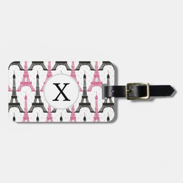 Monogram Pink Chic Eiffel Tower Pattern Luggage Tag (Front Horizontal)