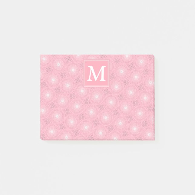 Monogram pink circles pattern post-it notes (Front)