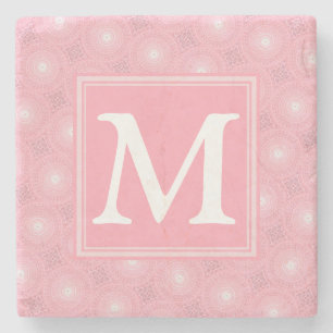 Monogram pink circles pattern stone coaster