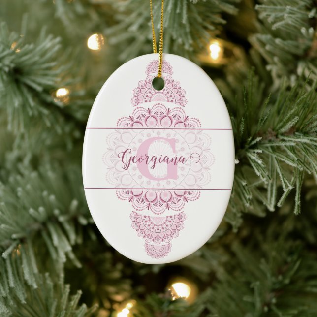 Monogram Pink Confetti Lace Ornamental Mandala Ceramic Tree Decoration (Tree)