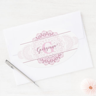 Monogram Pink Confetti Lace Ornamental Mandala Oval Sticker