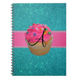 Monogram pink cupcake turquoise glitter spiral notebook