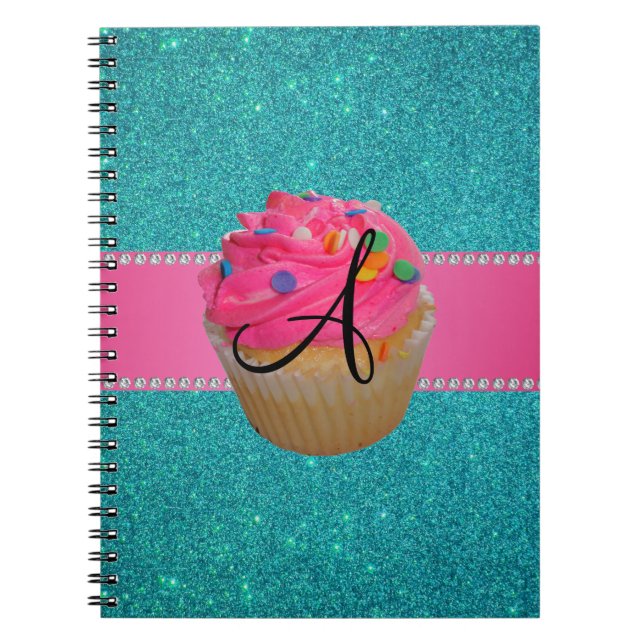 Monogram pink cupcake turquoise glitter spiral notebook (Front)