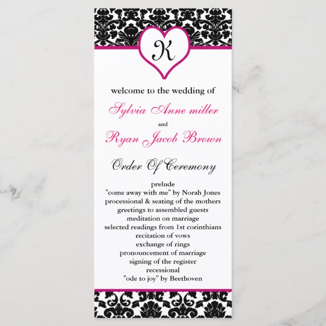 monogram pink damask Wedding program Programme (Front)
