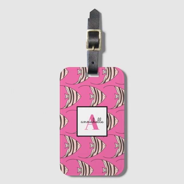 Monogram Pink Fish Pattern Luggage Tag (Front Vertical)