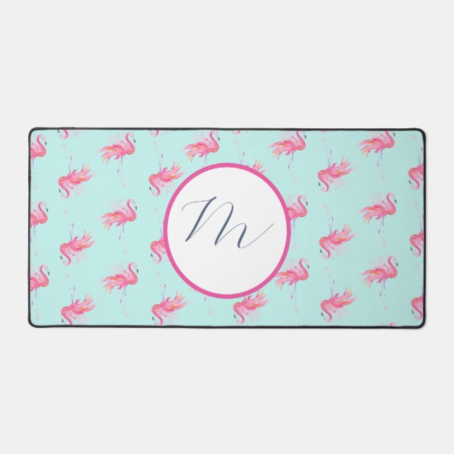Monogram Pink Flamingo Cute Desk Mat (Front)
