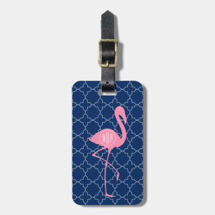 Monogram Pink Flamingo Navy Quatrefoil Luggage Tag
