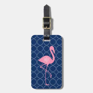 Monogram Pink Flamingo Navy Quatrefoil Luggage Tag