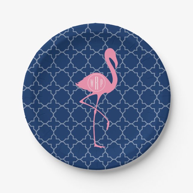 Monogram Pink Flamingo Navy Quatrefoil Paper Plate (Front)
